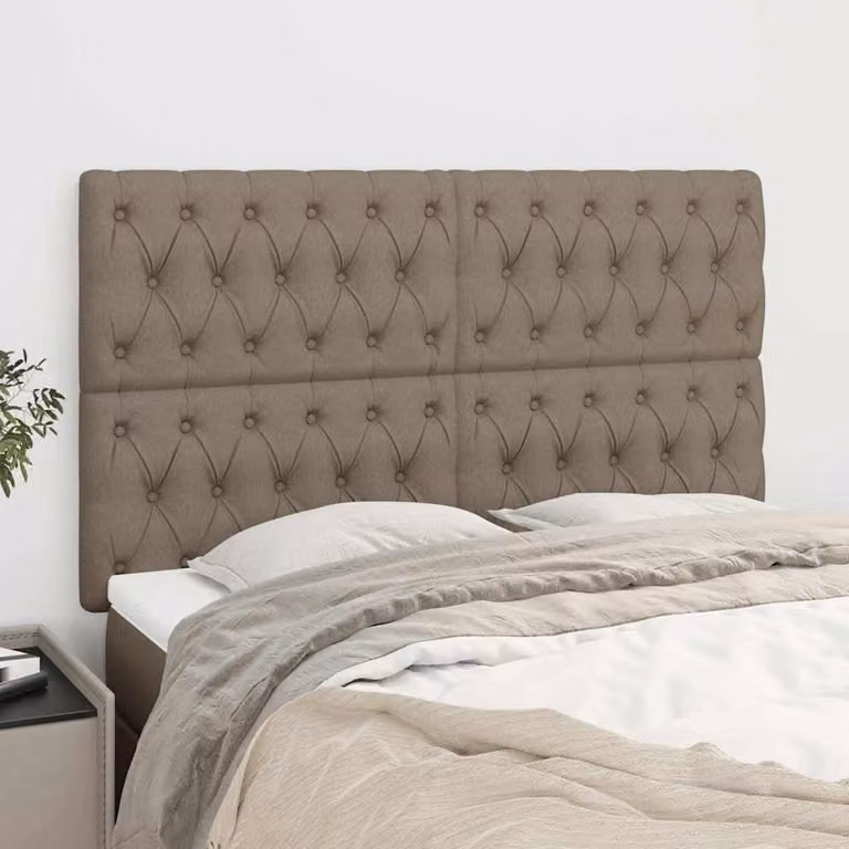 Testiera per letto vidaXL in tessuto beige o grigio con struttura in legno, L: 160 cm, P: 7 cm, H: 118-128 cm