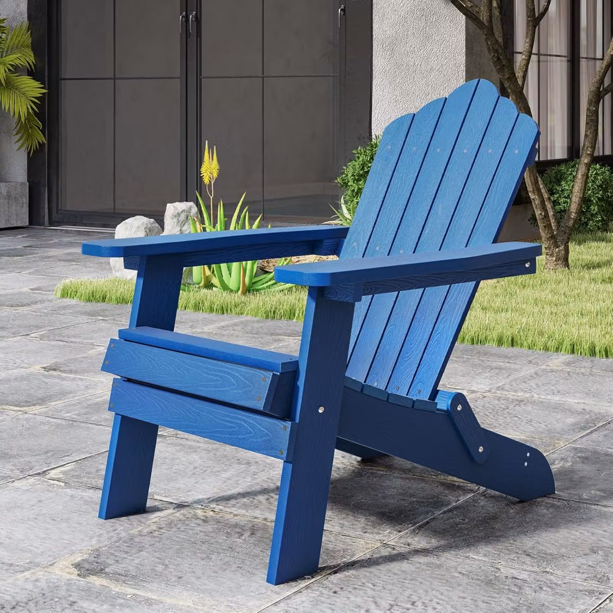 Sedia Adirondack pieghevole Costway in acciaio inossidabile e materiale sintetico resistente alle intemperie con braccioli larghi, Blu scuro