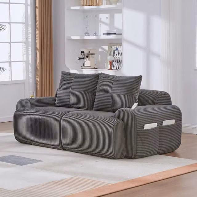 Divano Modulare REDOM a 2 posti in Velluto a Costine Grigio L: 200 cm, P: 99 cm, H: 80 cm