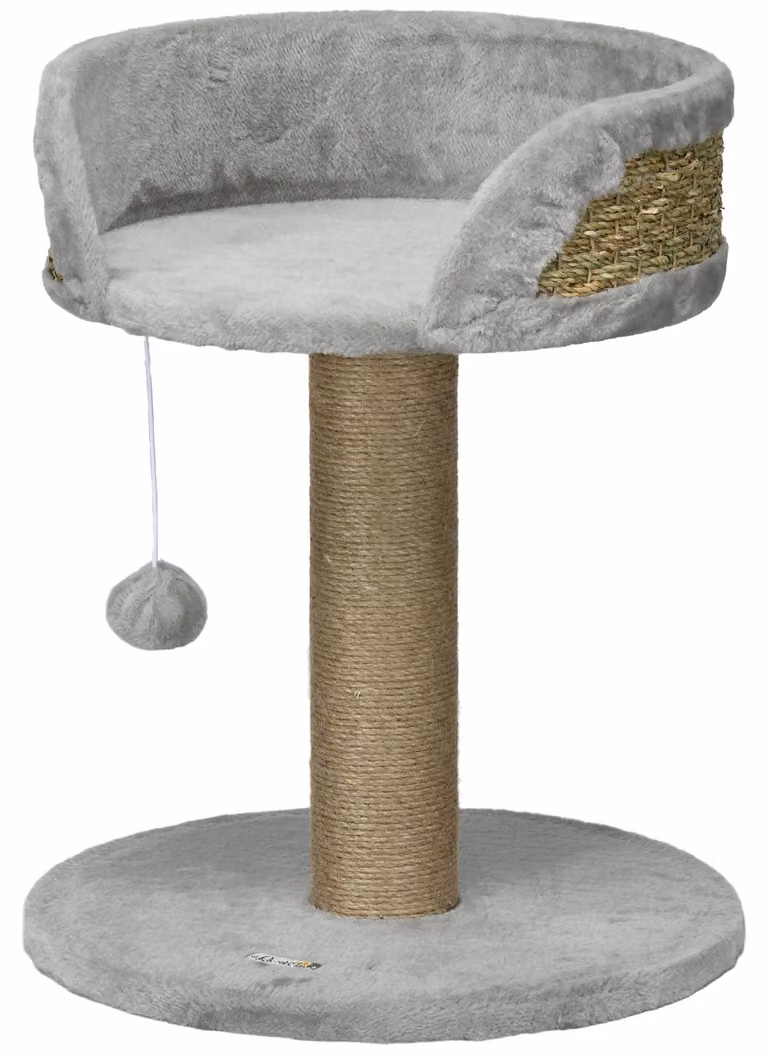 Albero per gatti con cuccia e pallina giocattolo | Colore: Grigio, Marrone | Dimensioni: 40x40x49 cm
