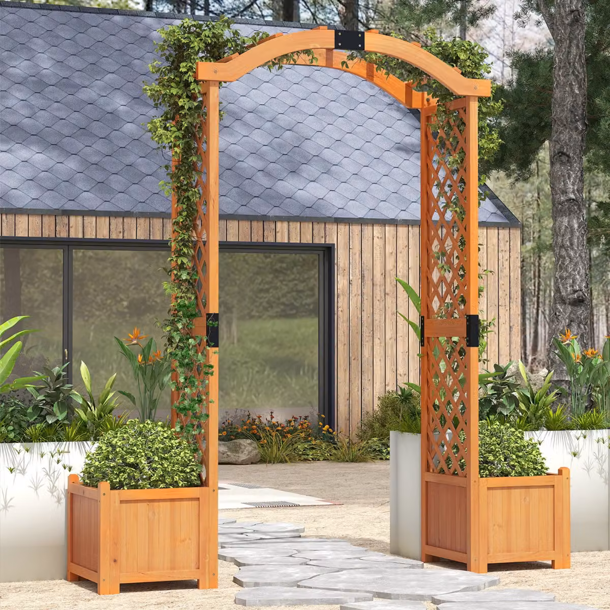 Pergolato da giardino Costway in legno con fioriere e graticcio arcuato per piante rampicanti, Giallo, Altezza: 201 cm