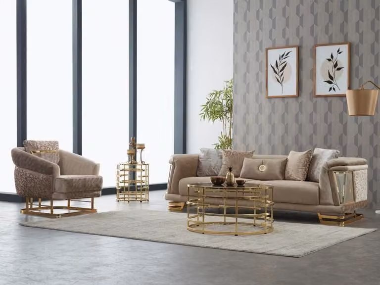 Komplette Couchgarnitur Polstersofa Dreisitzer Stoffsofa Sessel Beige