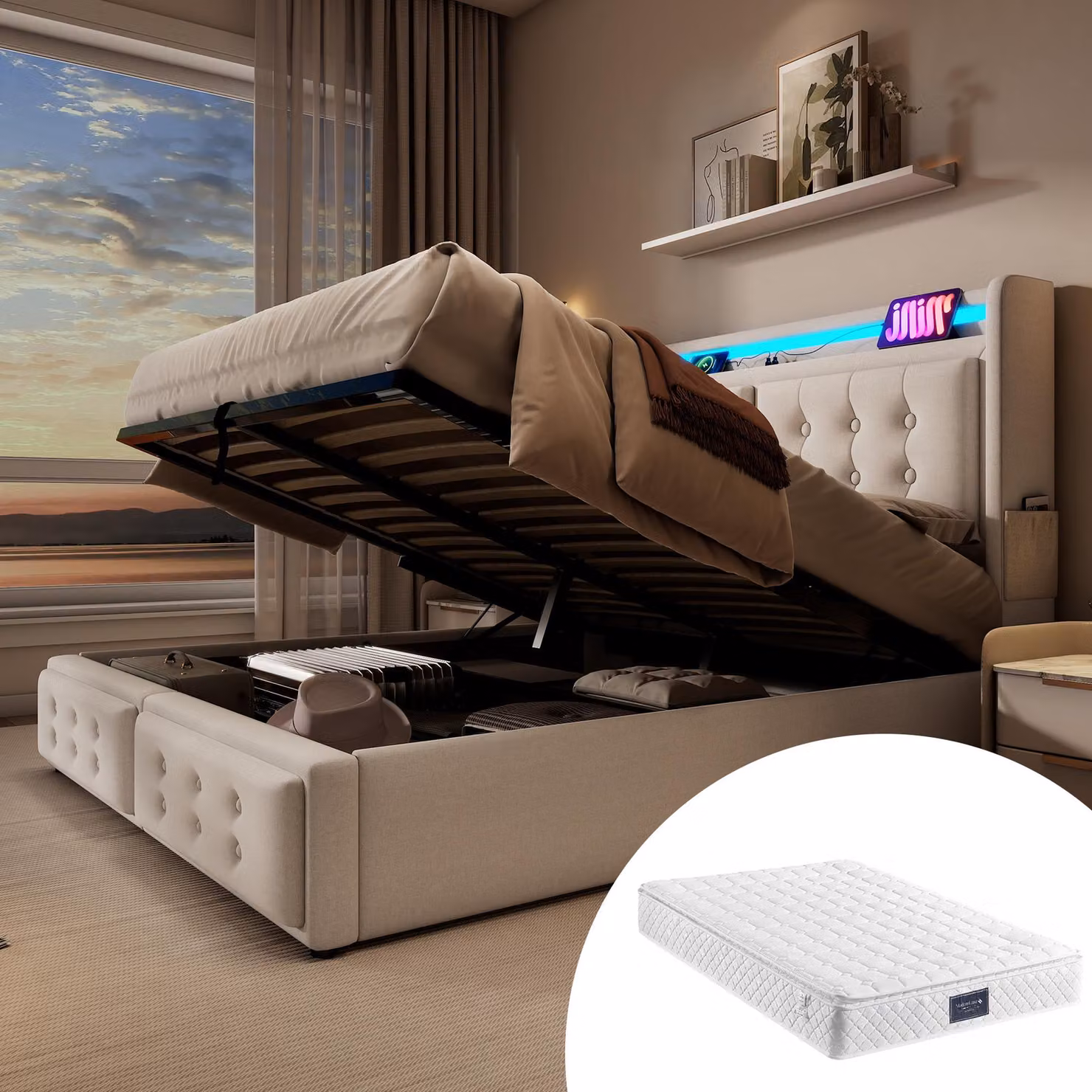 Letto imbottito 140x200, letto matrimoniale con testata a Led e USB C, letto idraulico, portata 300 kg, beige, con materasso