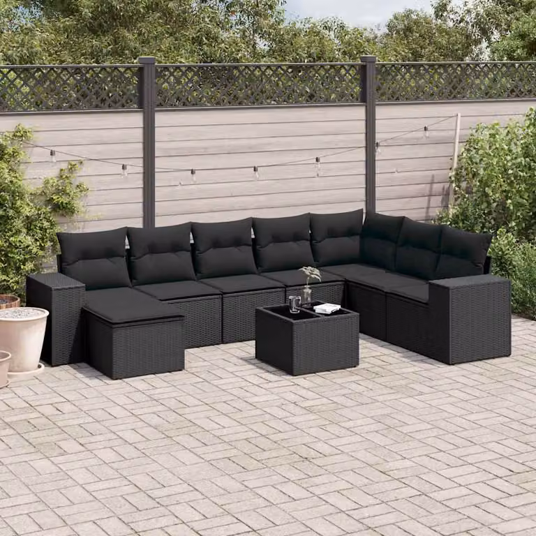 Set di divani da giardino vidaXL in polyrattan nero con cuscini, tavolino e pouf, design moderno a L