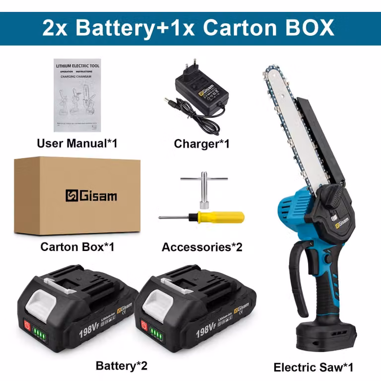 Mini motosega elettrica - Motosega monomanuale - Lama da 20 cm - Motore brushless - Batteria da 18 V - Set con 2 batterie - Verde chiaro