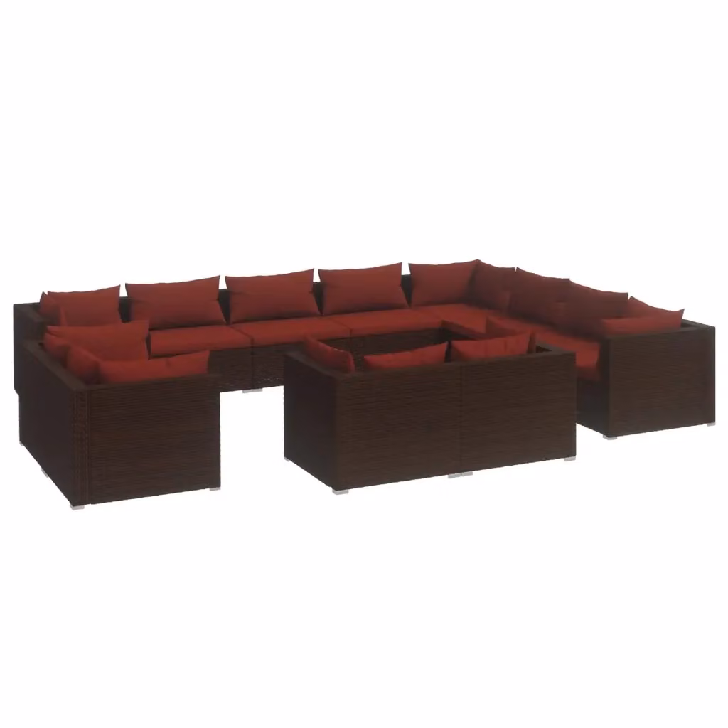 Set di divani da giardino a forma di U vidaXL con cuscini marroni e rossi in rattan e struttura in metallo – 2