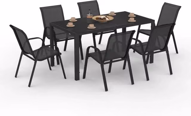 IDMarket - Set di mobili da giardino MADRID tavolo 150 CM e 6 sedie impilabili nero