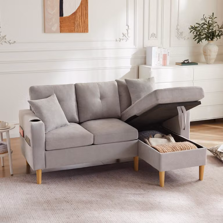 Divano angolare Merax, divano a L con base letto, portabicchieri, 2 cuscini in dotazione, divano da salotto, divano, set di divani, lino, grigio chiaro