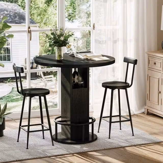 Set Bar 3 Pezzi: Tavolo Rotondo 80 cm in Legno con Base Metallo ad Anello e 2 Sgabelli, Nero, per Sala da Pranzo, Caffè, Bar e Soggiorno