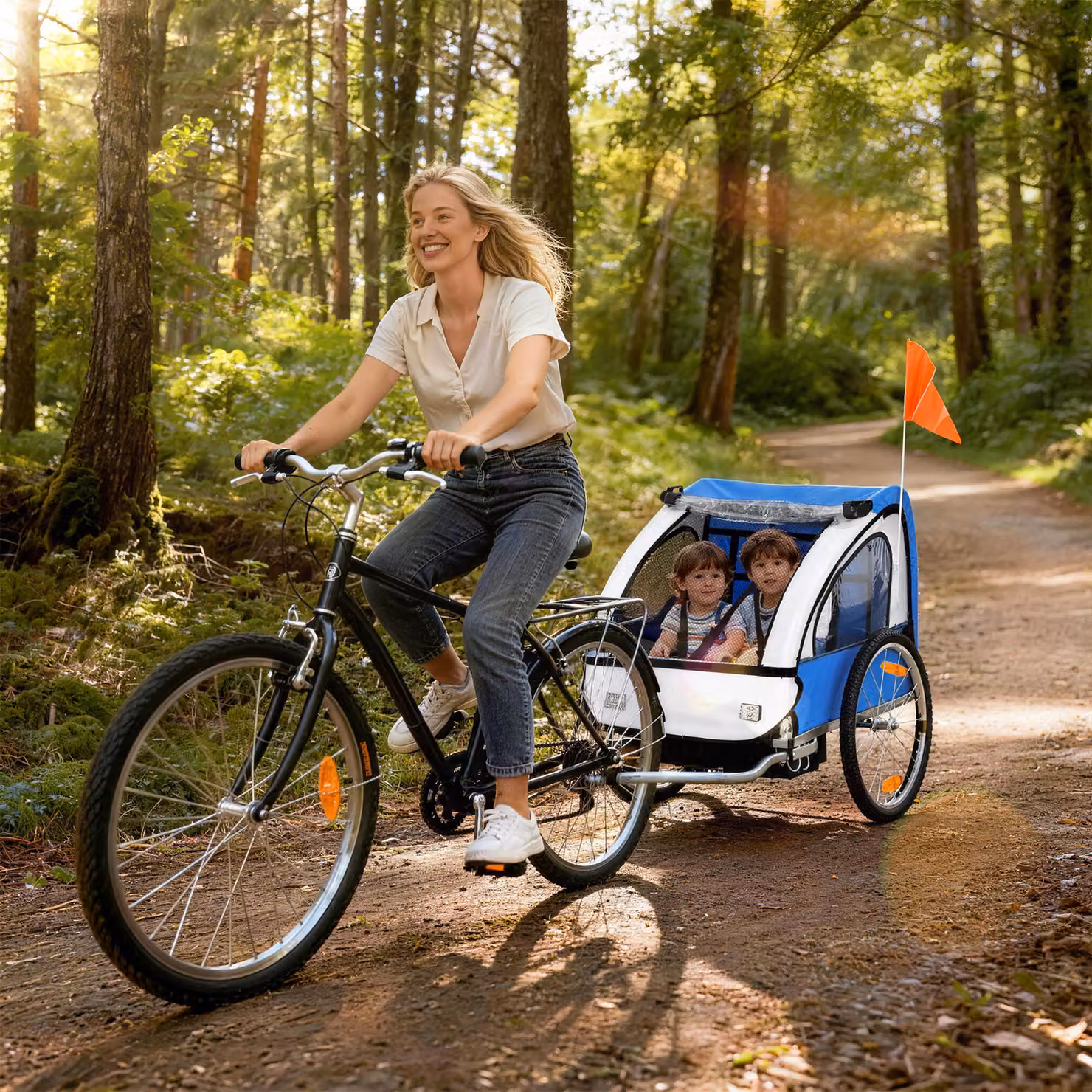 Rimorchio per bici per bambini HOMCOM a 2 posti con telaio in acciaio e copertura in tessuto Oxford blu e bianco – 2