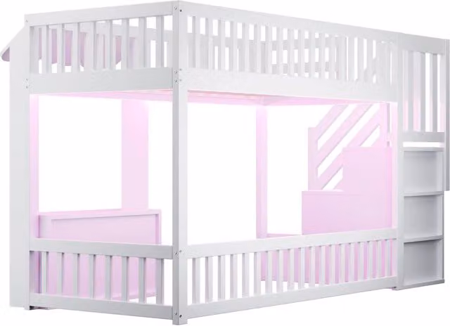 Letto a castello singolo in legno 90x200 cm con scala contenitore, LED multicolore e design con gronda bianco/rosa