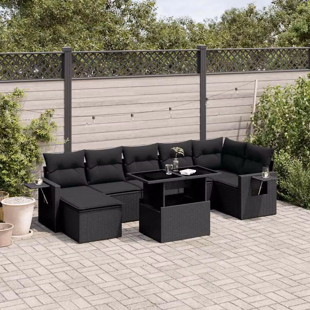 vidaXL Set Divani da Giardino a L con Cuscini 8 pz Nero in Polyrattan e Metallo – 1