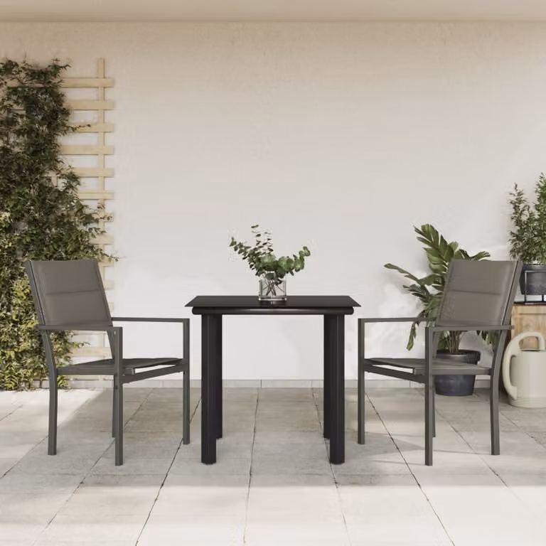 Set da pranzo da giardino vidaXL in 3 pezzi in acciaio verniciato a polvere e vetro, colore antracite