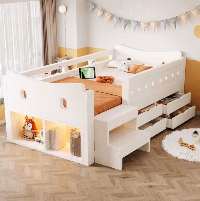 Letto singolo per bambini 90x200 cm con contenitori, LED e porte USB
