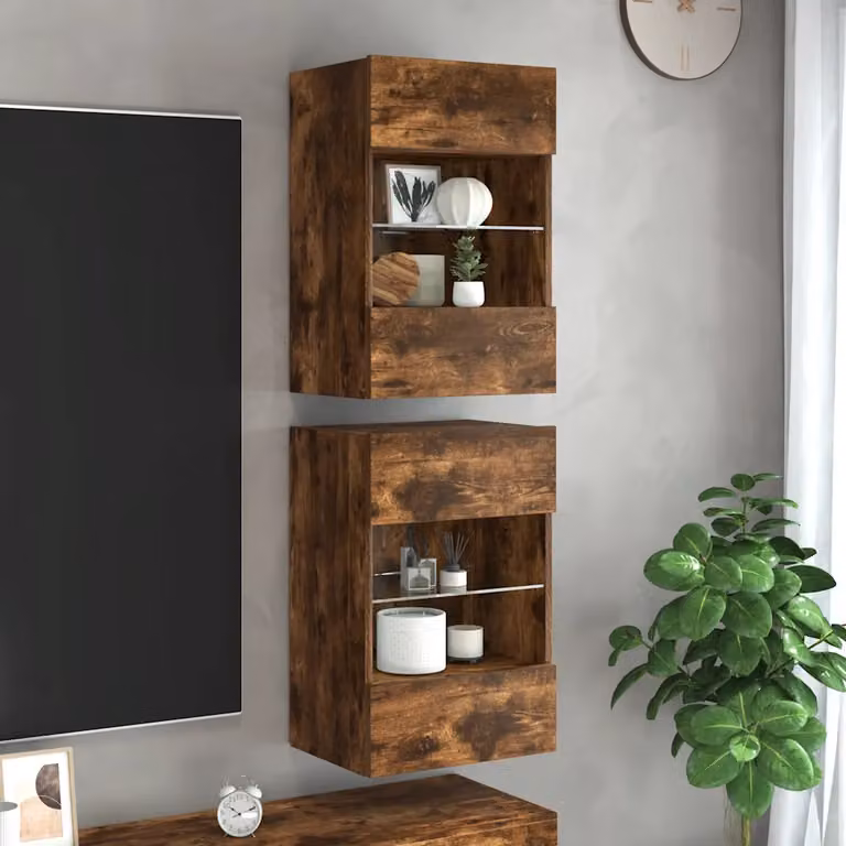 Set di 2 mobili da parete con luci LED vidaXL in rovere fumo per TV, L 40 cm x P 30 cm x H 60,5 cm