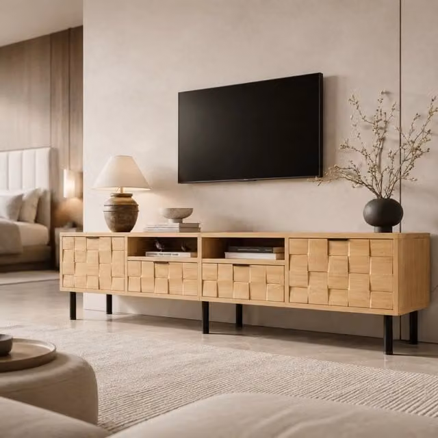 Mobile TV ULEVR 200x35x44,5 cm con 2 ante, 2 cassetti e 2 vani aperti, finitura legno naturale
