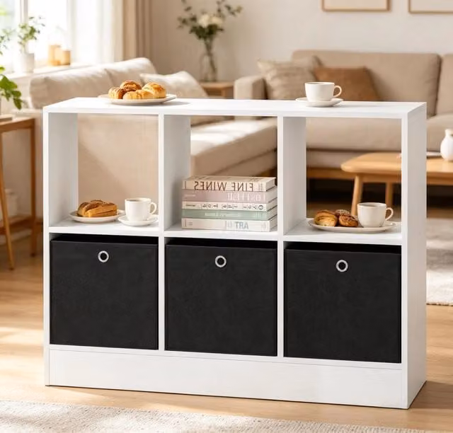 Libreria a cubi 80x30x61 cm con 3 cassetti in tessuto; legno ingegnerizzato bianco e nero
