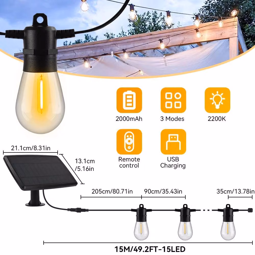 Catena luminosa solare - S14 - Catena di luci LED - 15 metri - Luce bianco caldo - Alimentazione a energia solare - Dimmerabile - Grado di protezione IP65 (resistente all'acqua) - Attacco E12