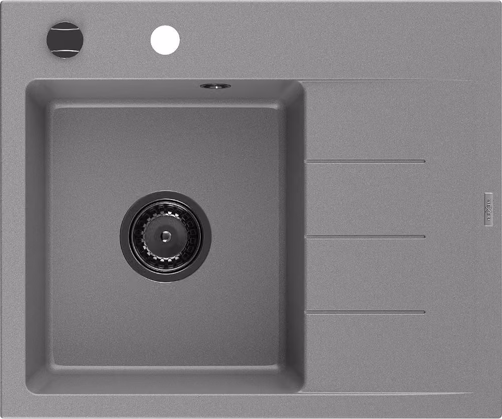 Mexen Ben lavello in granito 1-vasca con sgocciolatoio, sinistro 600 x 500 mm, grigio, sifone nero - 6522605000-71-B