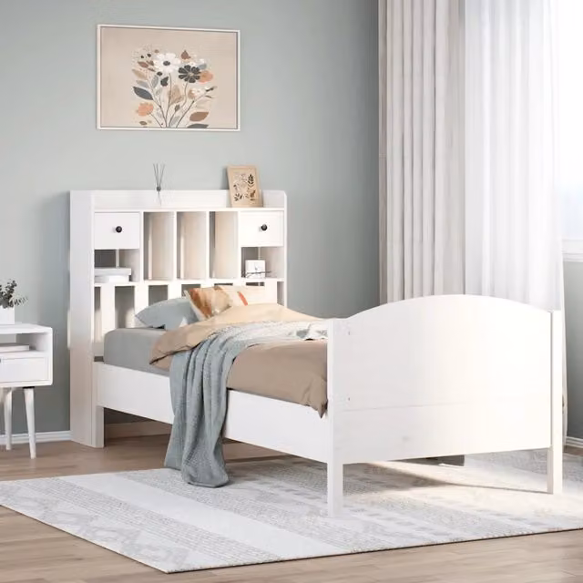 Letto con Libreria e Cassetti VIDAXL in Legno di Pino Bianco Lacquered L: 151 cm, P: 81 cm, H: 110 cm – 1