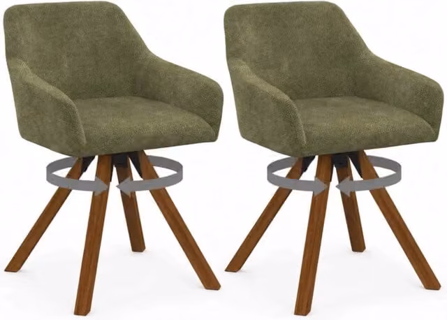 Set di 2 sedie girevoli 360 IDMarket JANY in tessuto chenille verde con base in noce