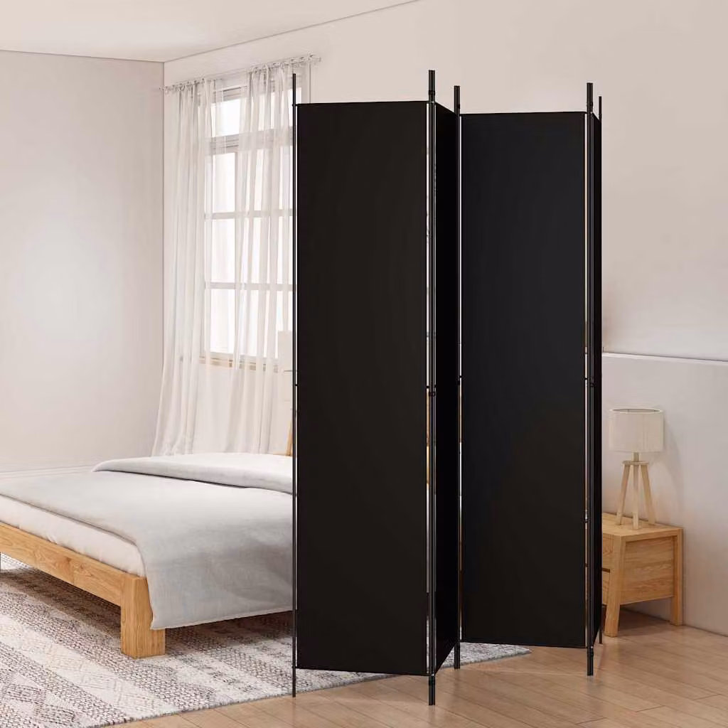 Divisorio a 4 Pannelli vidaXL in Tessuto e Metallo Nero L: 200 cm, H: 220 cm