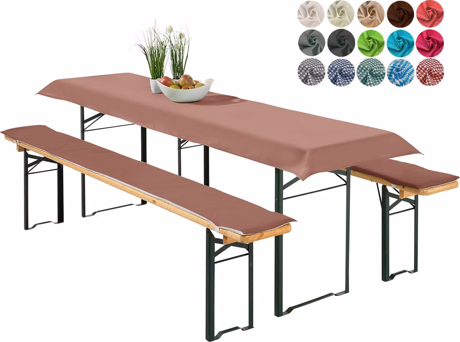 heimtexland ® Set di rivestimenti per set da birreria, 3 pezzi: tovaglia, imbottitura per panca da birreria, cuscino per seduta, decorazione per tavolo, tipo 698, marrone, per tavolo di dimensioni 50x220 cm