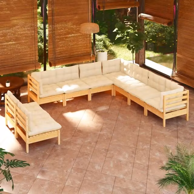 Set di divani da giardino a forma di U vidaXL in legno massello di pino con cuscini beige 9 pz – 1