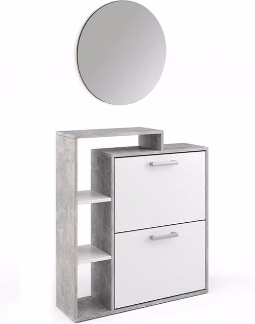 Scarpiera da ingresso Orlando Vicco con specchio e vani a ribalta, grigio e bianco, L: 90 cm, H: 80 cm, P: 25 cm