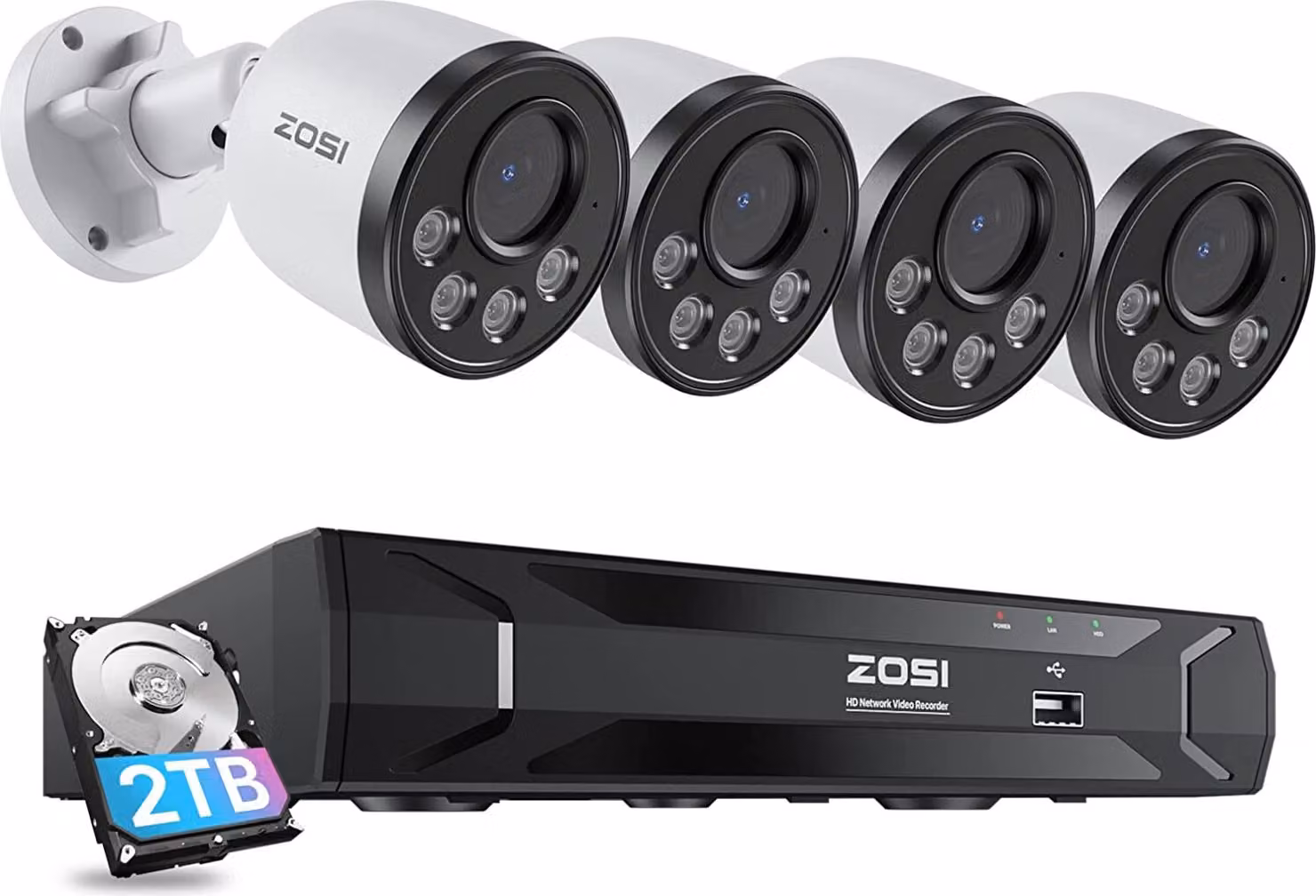 Set di telecamere di sorveglianza per esterni ZOSI PoE, sorveglianza con telecamere PoE 4X 4MP con audio, NVR 8CH H.265+ 5MP con HDD 2TB, rilevamento persone, visione notturna 100ft, registrazione 24/7
