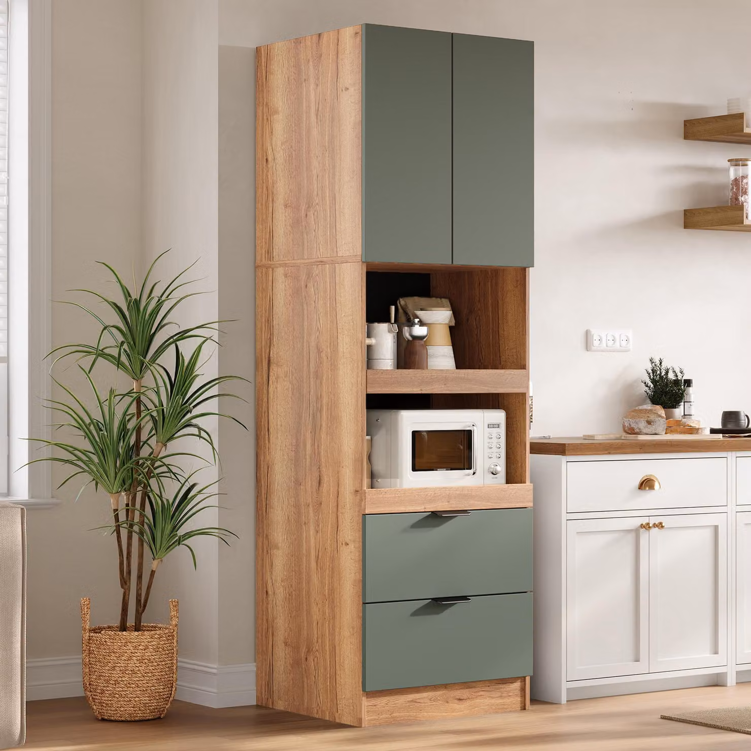 Armadietti da cucina con ante, pensili con cassetti e ripiani per microonde, credenze con sistema anti-ribaltamento, 200 cm, verde, MDF