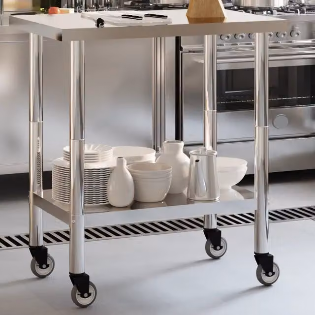 Tavolo da lavoro per cucina con ruote vidaXL in acciaio inox color argento L/P/H: 82,5 x 55 x 85 cm