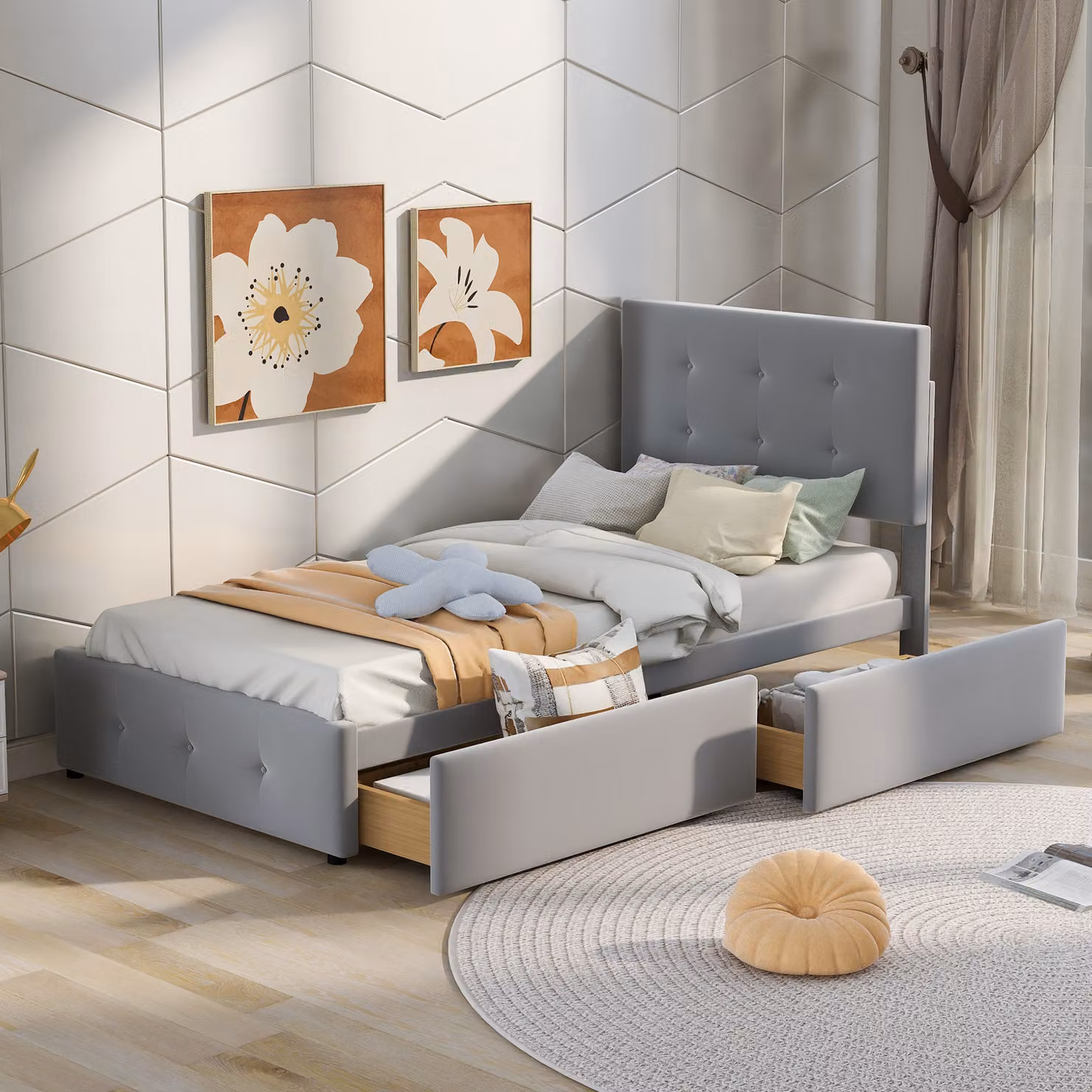 Letto imbottito Merax 90x200cm con testata regolabile in altezza, letto singolo in legno con due cassetti e rete a doghe, letto per bambini in velluto, grigio