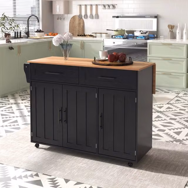 Carrello da cucina con 2 cassetti, ripiani regolabili, portasciugamani e piano pieghevole, nero, 129 × 71 × 91,5 cm