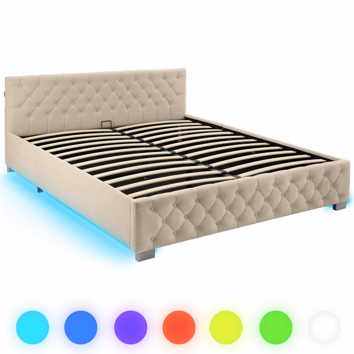 Letto imbottito modello Chesterfield tectake con base contenitore a sollevamento, illuminazione LED sottostante e rivestimento in velluto color sabbia, L/P/H: 180 x 200 x 187.5 cm – 3