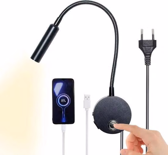 Lampada da tavolo LED con tecnologia touch e regolazione dimmabile, design moderno in alluminio e plastica, colore nero, luce bianco caldo, ideale per camera da letto, ufficio o cameretta.