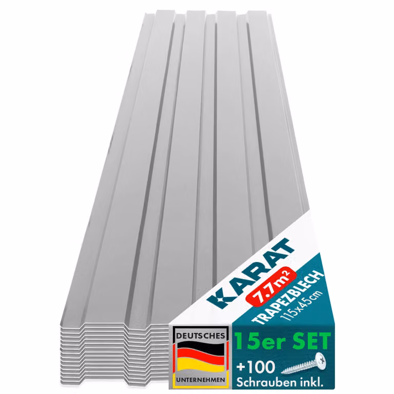 Set di lamiere trapezoidali Karat, 15 pezzi, 115x45 cm, lamiera per tetto 7,7 m² con viti incluse, lamiera zincata per pareti, lamiera profilata resistente alle intemperie per tettoie e casette da giardino, grigio chiaro
