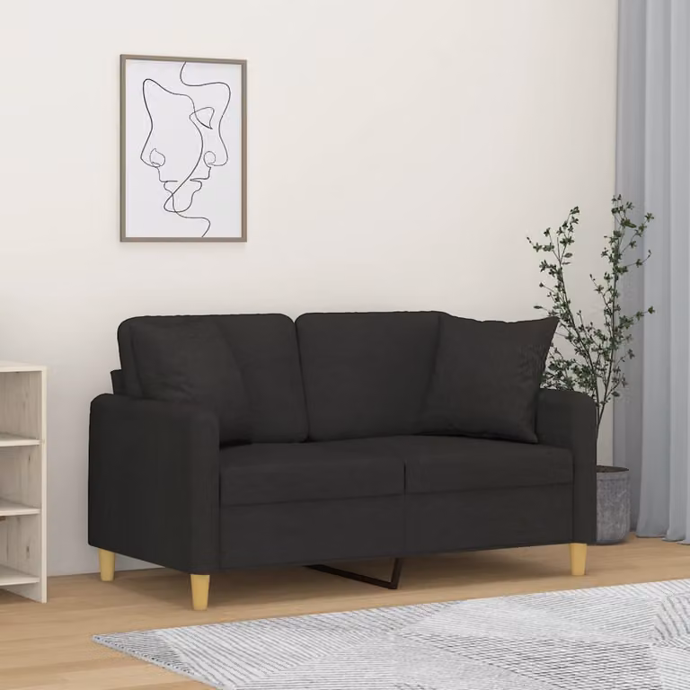 vidaXL Divano a 2 Posti Moderno in Tessuto Nero con Cuscini e Struttura in Metallo L: 138 cm, P: 80 cm, H: 77 cm