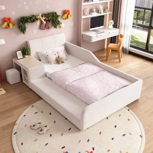 Letto imbottito per bambini con scrivania; sgabello e ripiano; velluto bianco; 90x200 cm; senza materasso