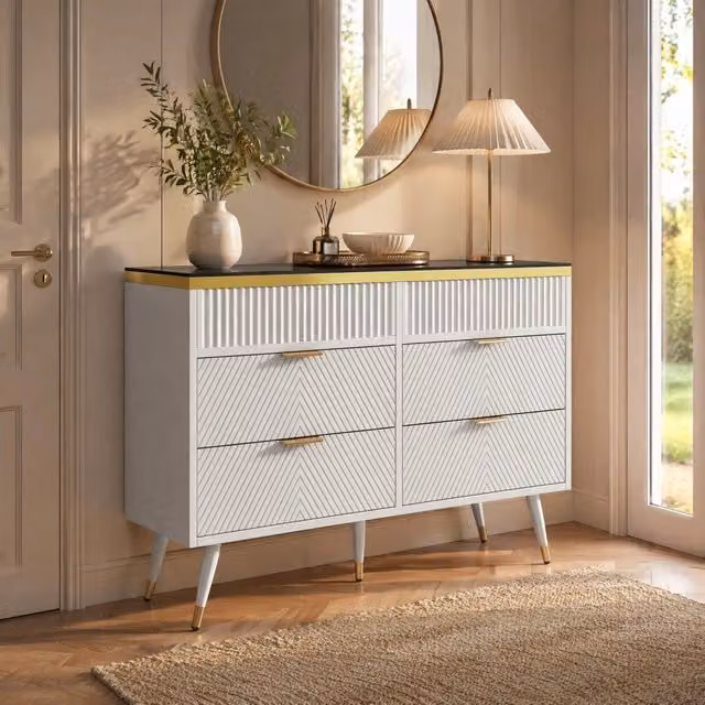 Cassettiera moderna REDOM con 6 cassetti in vetro e MDF, bianca e marrone, L 120 cm x P 40 cm x H 76 cm