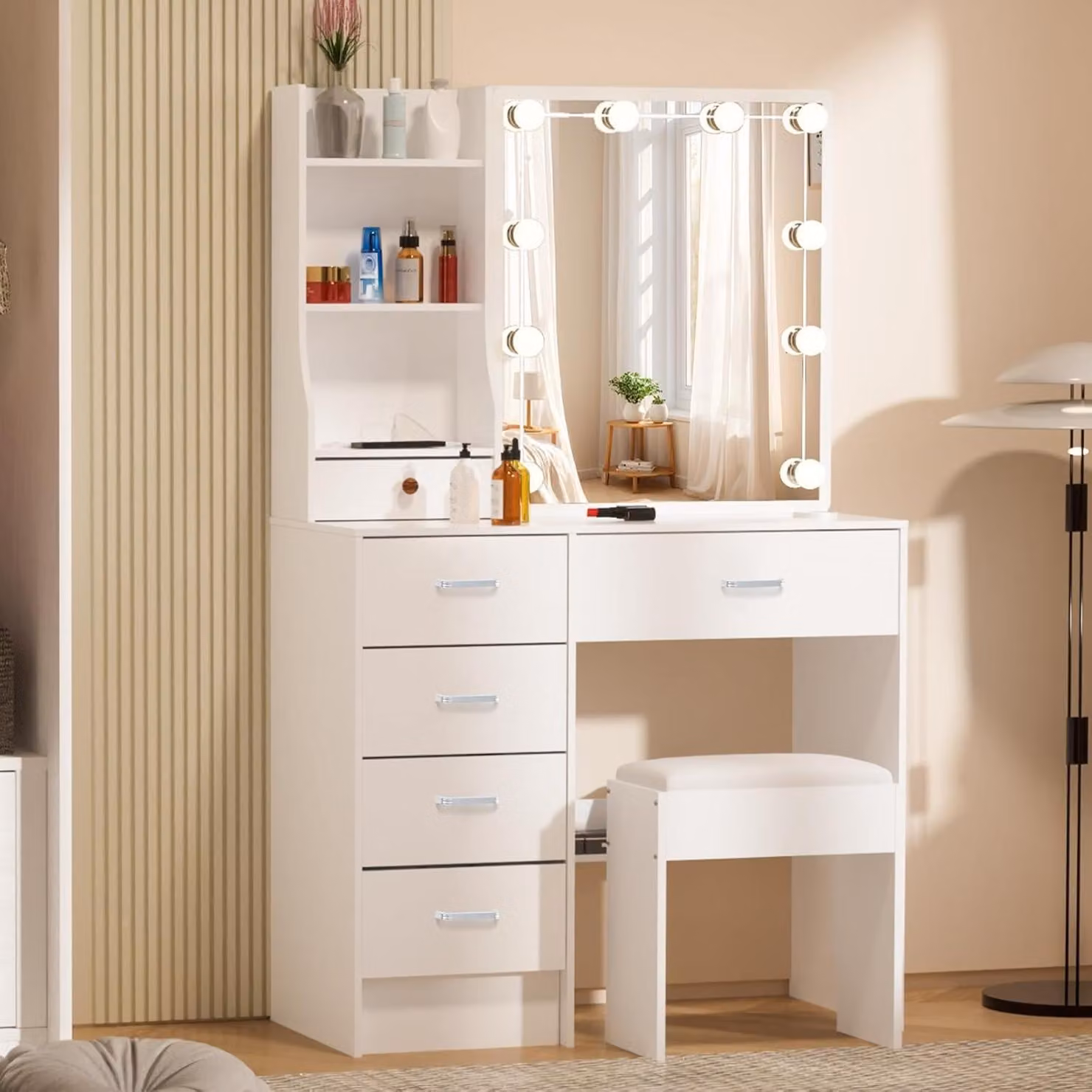 Tavolino con illuminazione e sgabello bianco 80x34x130cm