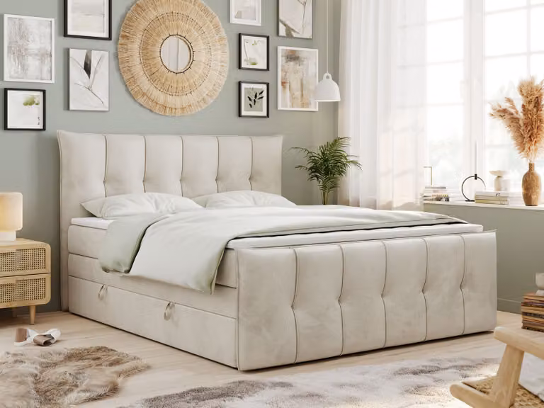 Letto boxspring King 200x200, letto boxspring 200x200 con contenitore e materasso H4, letto imbottito 200x200 con materasso, letto 200x200 con contenitore, PREMIUM-11-KING - 200x200 - Beige - Velvet - H4