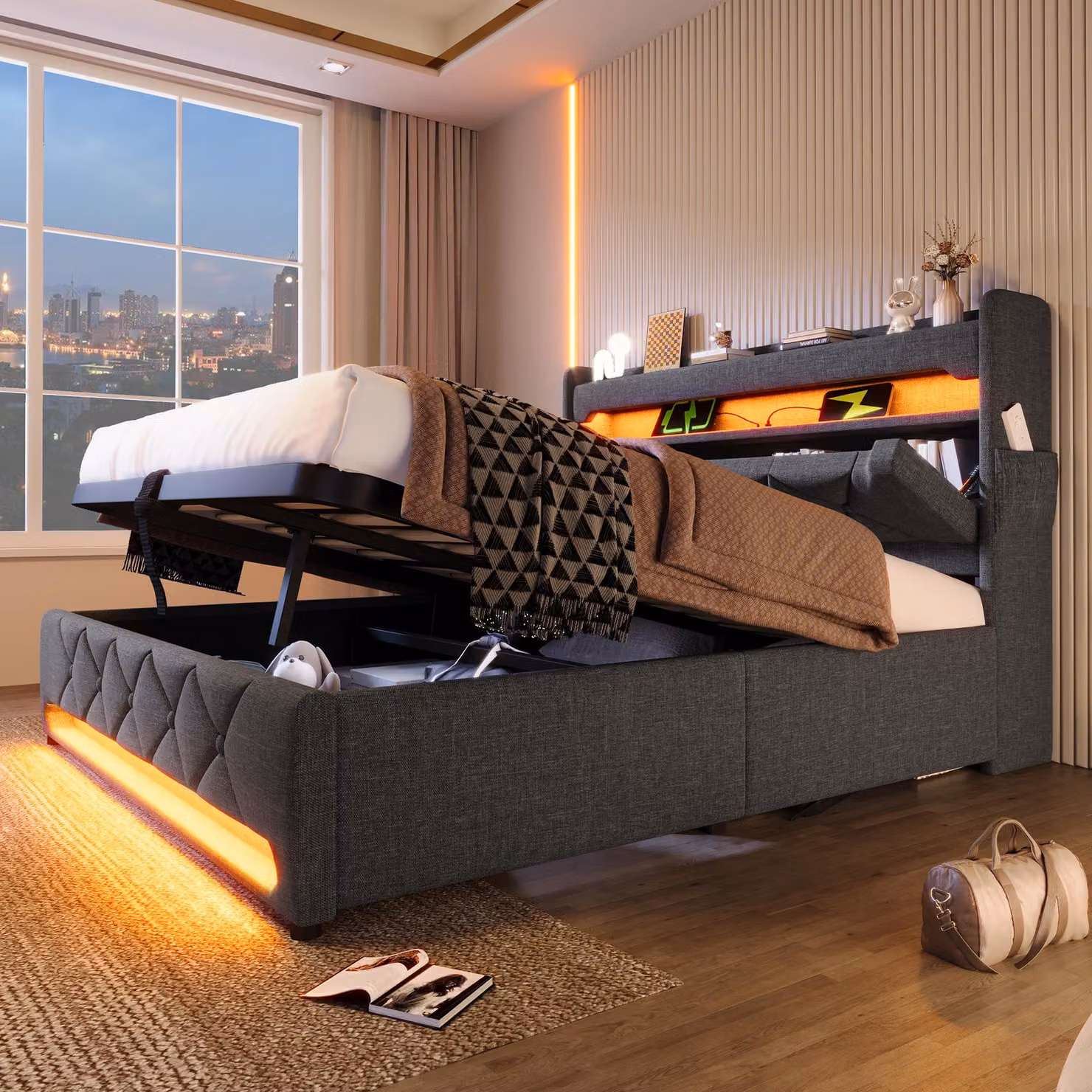okwish Letto imbottito matrimoniale 140x190 con funzione di ricarica USB e Type-C e vano contenitore, struttura del letto con illuminazione a LED e testiera con vano contenitore, Grigio (senza materasso)