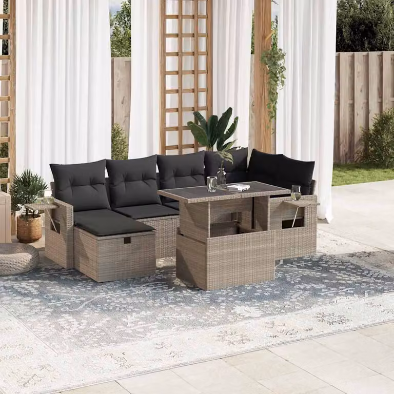 vidaXL Set Divani da Giardino a L 7 Pezzi con Tavolino e Cuscini Grigio Moderno