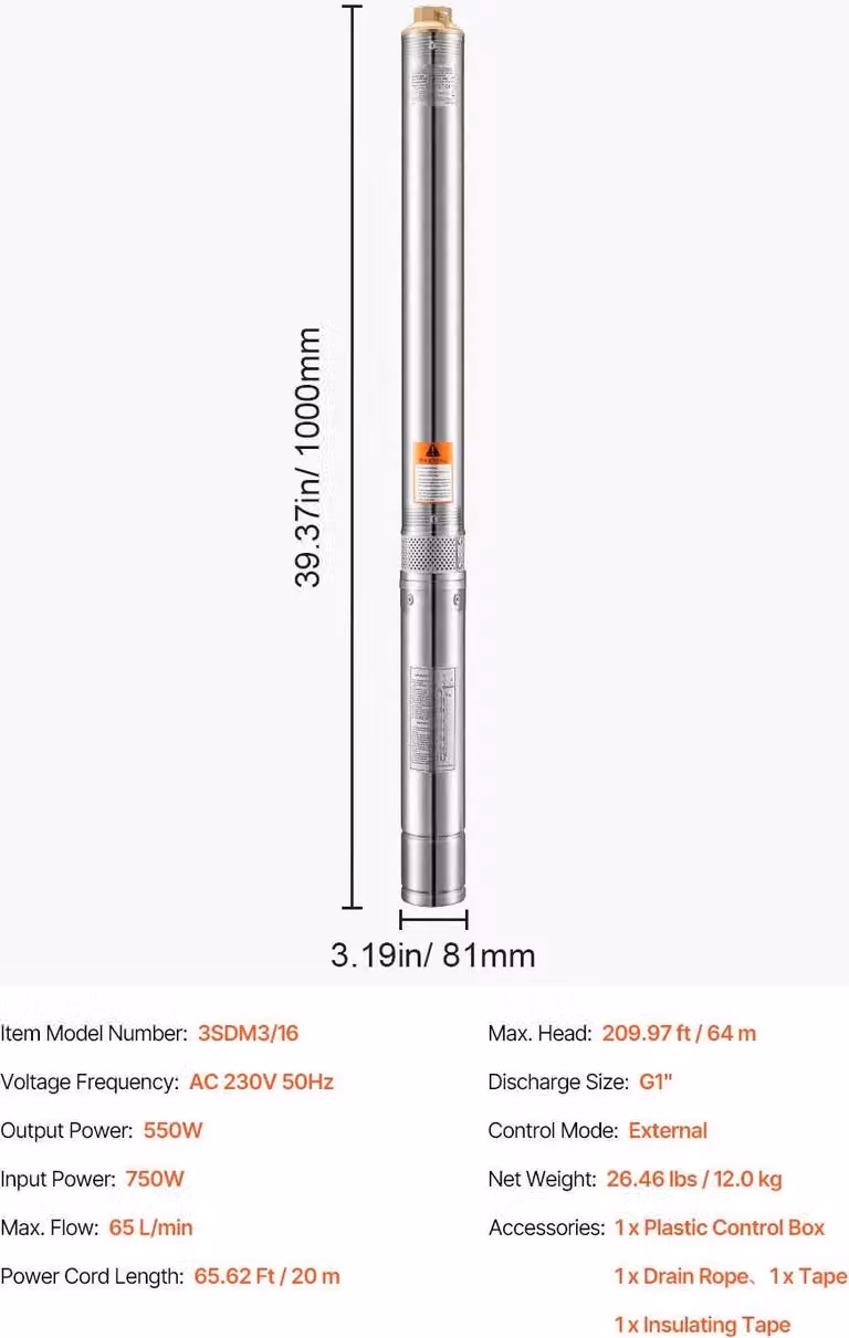 Pompa sommergibile, struttura in acciaio inox, alta efficienza energetica, avviamento esterno 750W, UE