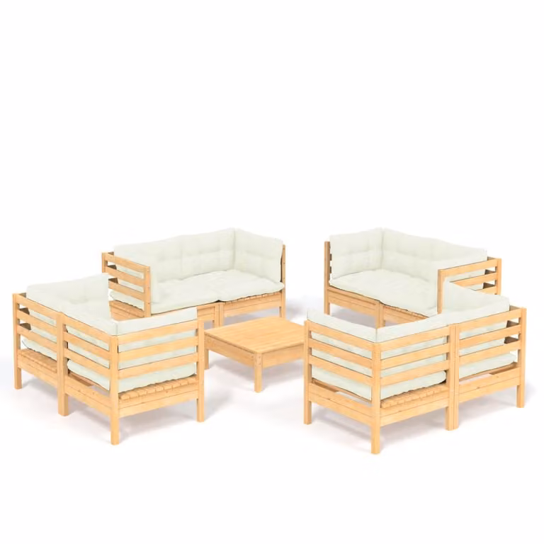 Set Salotto da Giardino 9 pz con Cuscini Crema in Legno di Pino