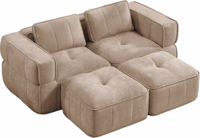 Divano modulare a 2 posti con due pouf senza struttura di supporto in tessuto poliestere sabbia 198 × 162 × 67 cm