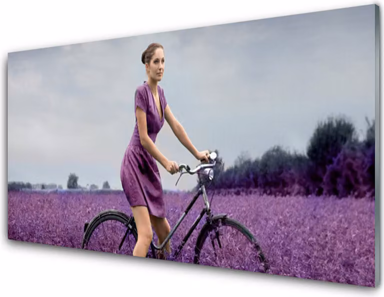 Pannello di vetro per cucina, dimensioni 100x50 cm, con decorazione che raffigura una donna in bicicletta in un prato con persone