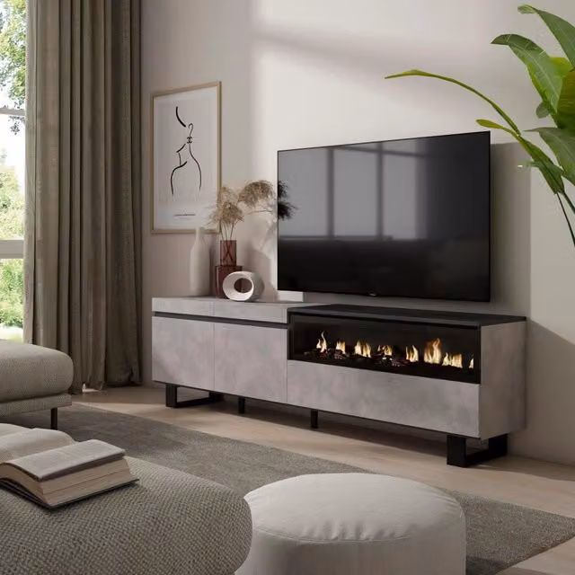 Mobile TV, 200x35x57cm, soggiorno, Per TV fino a 80", Camino elettrico, Design industriale, grigio cemento RF2230