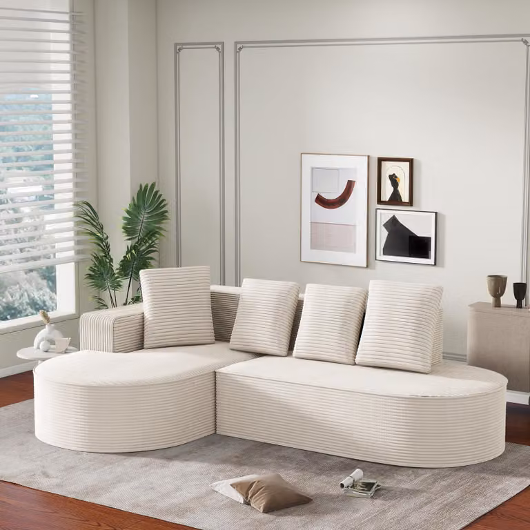 LVHOM Divano angolare con funzione letto in velluto a coste, divano a L senza montaggio, larghezza 265 cm, morbido cuscino profondo, bianco